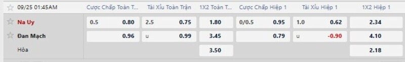 Bảng tỷ lệ kèo trận Na Uy vs Đan Mạch 