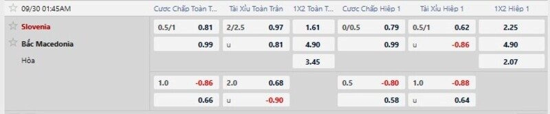 Bảng tỷ lệ kèo trận Slovenia vs Bắc Macedonia 